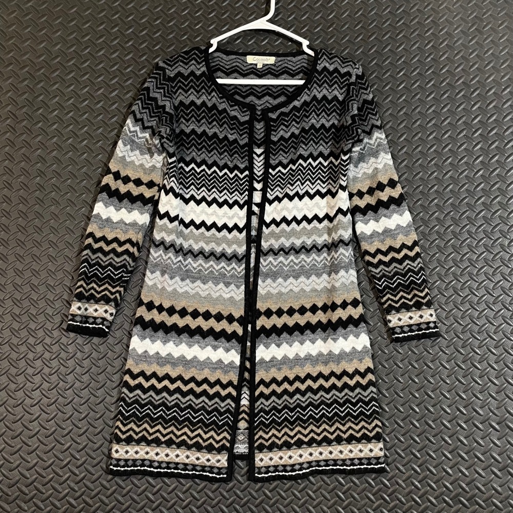 Cocogio Black White Zig Zag Print Open Front Cardigan Sweater Women's Size Small